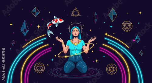 Woman meditating with koi fish and cosmic symbols, spiritual awakening, zen, abstract background