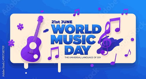 World Music Day celebration with guitar and musical notes on blue background