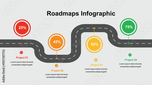 A roadmap infographic template with a winding road and colored markers