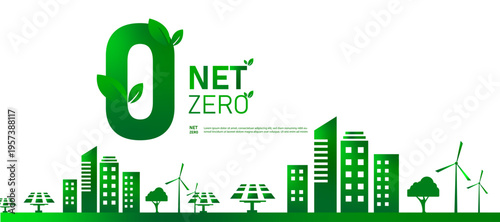 Net zero emission concept with eco city vector and green energy icon. Sustainable urban system for reducing carbon footprint and achieving climate neutral future.