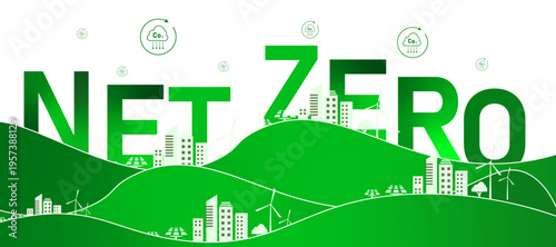 Net zero city concept with sustainable urban vector and renewable energy icon. Green technology system for carbon reduction, clean environment and eco friendly city development.