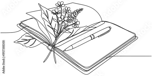 Continuous line drawing of open notebook with flowers