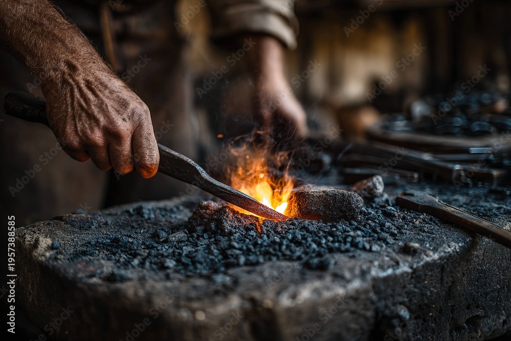 Fototapeta premium medieval forge with blacksmith shaping molten metal