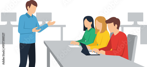 Businessman presenting to colleagues in modern office setting with flat design for corporate training