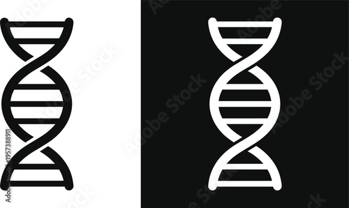 DNA double helix icons in black and white design, showing outlined and inverted styles, symbolizing genetics, biology, science, and molecular structure.