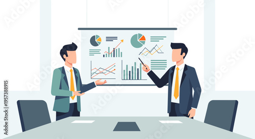 Two businessmen in formal wear discussing charts and graphs on whiteboard in modern office for corporate presentation
