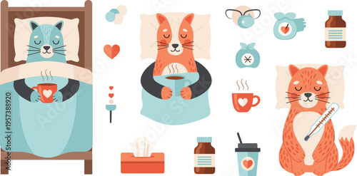 Sick Cat Care Set with Cute Cartoon Cats Resting in Bed, Drinking Tea, Taking Medicine and Home Treatment Vector Illustration
