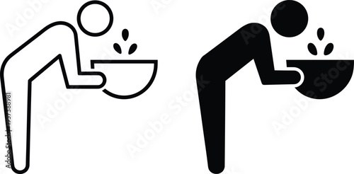 Drinking fountain icons in black and white design, showing outlined and solid styles with water droplets, symbolizing hydration, public signage, and facilities.