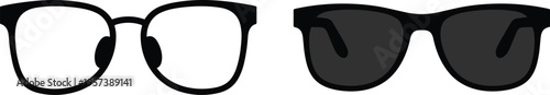 Eyeglass and sunglass icons in black design, showing clear vision frames and dark tinted lenses, symbolizing eyewear, fashion, protection, and optical style.
