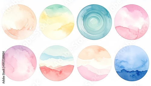 Watercolor circles, each with different abstract color themes