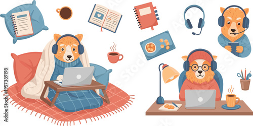 Cute Dogs Working from Home Set with Laptop, Headphones, Coffee and Cozy Workspace Remote Work Vector Illustration