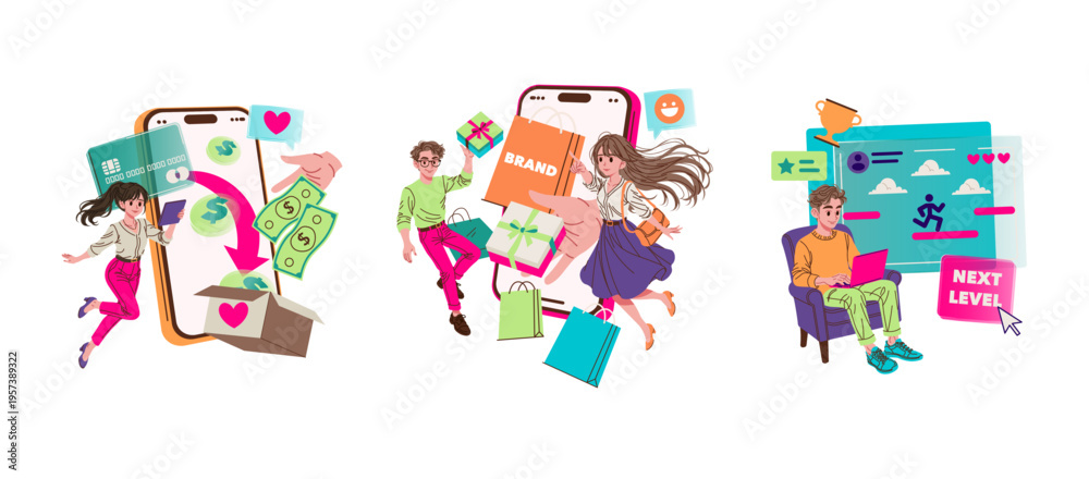 Fototapeta premium E-commerce Shopping and Gamification Vector Illustration