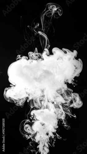 Flowing white smoke tendrils against a stark black backdrop