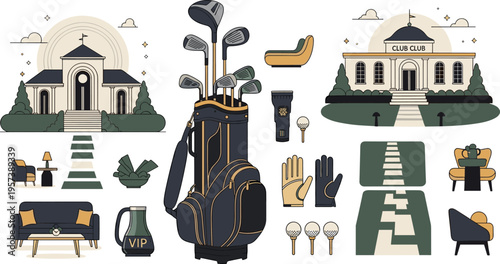 Golf Club Lifestyle Set with Bag, Equipment, Clubhouse Buildings, Interior Lounge and Premium Sports Accessories Vector Illustration