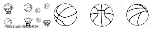 Basketball set with dynamic sketch vector illustration featuring bold basketball emblem, glossy ball, classic basket with sports theme and clean line art