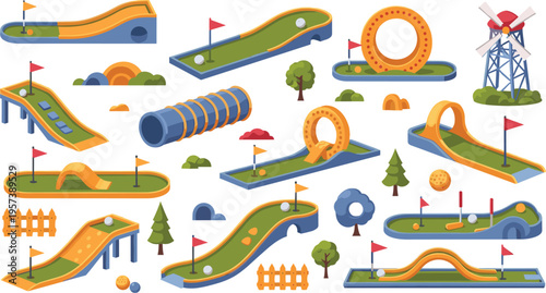 Mini Golf Course Elements Set with Obstacles, Loops, Ramps, Windmill and Creative Putting Greens Sports Game Vector Illustration