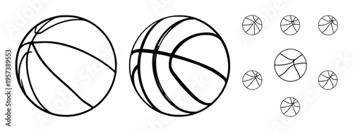 Basketball icon set with simplified illustrative ball shapes featuring basketball, sports icon, vector illustration with orange and black and minimal detail