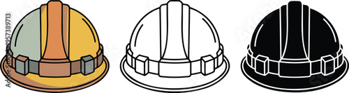 Construction hard hat silhouette & Outline and illustration set isolated on transparent background