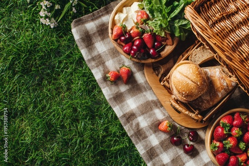 Outdoor picnic setup with bread strawberries cheese and basket on green grass summer lifestyle scene