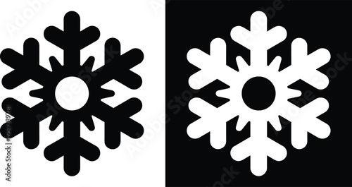 Snowflake icons in black and white design, showing inverted positive and negative space styles, symbolizing winter, cold, ice, and seasonal decoration.