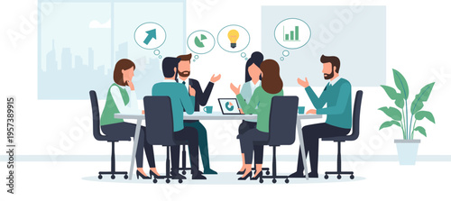 Diverse business team brainstorming in modern office with green plants and whiteboard in bright corporate lighting for business presentation