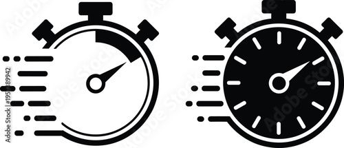 Stopwatch icons in black and white design, showing outlined and solid fast‑motion styles, symbolizing speed, time measurement, efficiency, and quick performance.