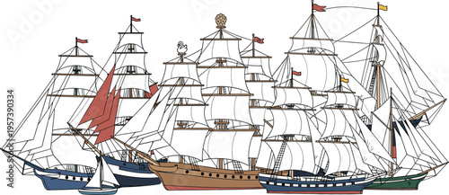 Large Fleet of Vintage Sailing Ships and Pirate Galleons with White Sails for Maritime History, Naval Battle Scenes, and Ocean Discovery Backgrounds