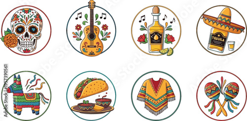 Mexican Culture Icons Set with Sugar Skull, Guitar, Tequila, Sombrero, Piñata, Taco, Poncho and Maracas for Fiesta, Cinco de Mayo, Day of the Dead and Travel Designs