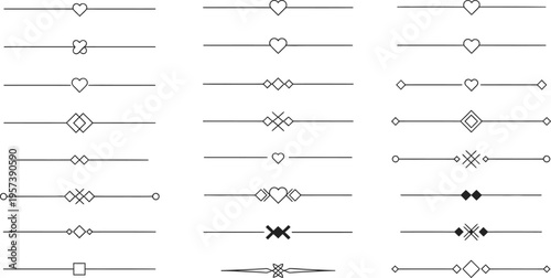 Minimalist Decorative Line Dividers Set with Hearts and Geometric Shapes for Wedding and Invitation Design