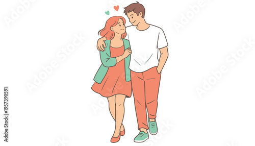 A loving couple walking together in a romantic illustration style