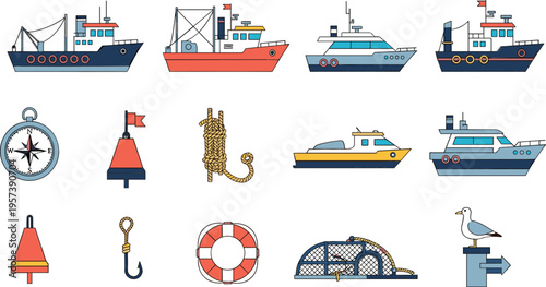Nautical and Marine Vector Icon Set Featuring Fishing Boats, Trawlers, Compass, Lifebuoy, Anchor Buoys, and Seagull for Coastal Design and Maritime Projects