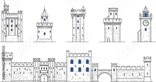 Medieval Castle Tower and Fortress Elements Set with Turrets, Battlements, Clock Tower, Gatehouse, Arched Entrance and Full Castle Wall Silhouette for Fantasy, History, Architecture and Game Designs