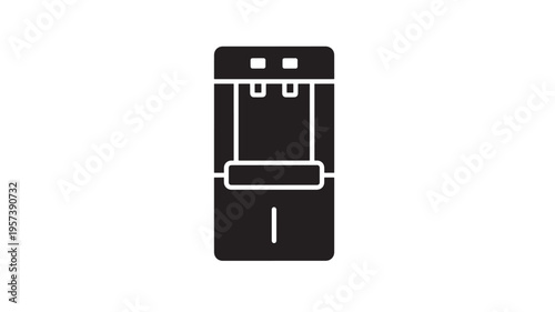 Water dispenser icon with hot and cold taps and a central button on a white background featuring hydration, office cooler, home appliance with