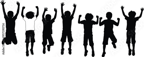 Children silhouettes jumping together, joyful kids celebration, playful youth energy, dynamic motion illustration, happy childhood fun, glowing outline art, group activity