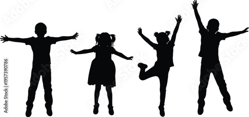Children silhouettes jumping with joy, playful kids group activity, energetic childhood fun, happy youth movement, dynamic poses, glowing outline illustration