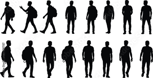 Human walking silhouettes, standing poses, people movement study, backpack figures, vector illustration design, abstract motion concept, character animation reference art
