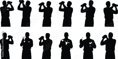 Cocktail making silhouettes, bartender shaking shaker, mixology process illustration, drink preparation steps, pouring cocktail glass, stylish vector art, nightlife concept