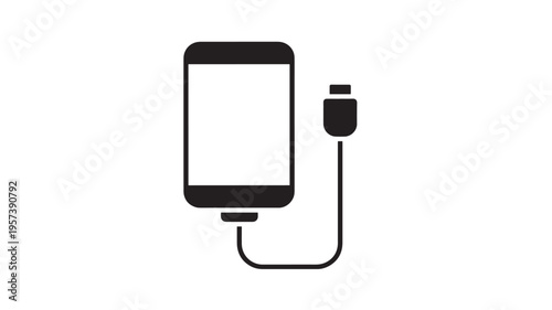 Smartphone charging icon with USB cable and blank screen, representing power and connectivity for mobile devices.