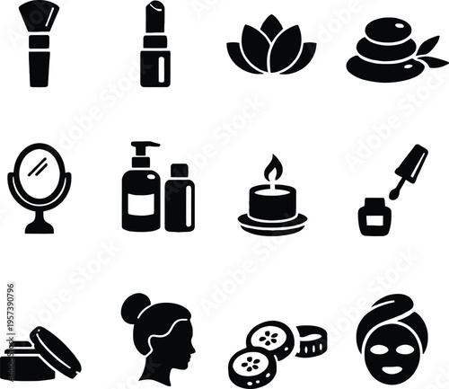 Black and white icons representing various spa and beauty products and treatments