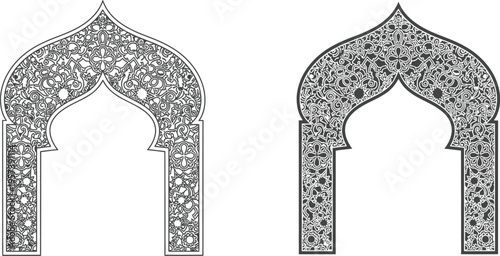 Ornate Islamic Arch Design with Traditional Arabic Pattern for Ramadan Kareem and Eid Mubarak Greetings