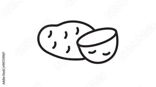 Potato whole and half with simple black outline strokes and round curves, representing a staple food and its simple form.