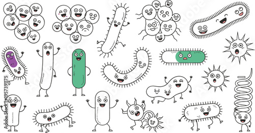Hand-Drawn Cute Bacteria and Virus Doodle Set with Funny Smiling Germs, Microbes, Pathogens and Microorganisms for Kids Science Education, Biology, Health Awareness and Playful Medical Illustrations