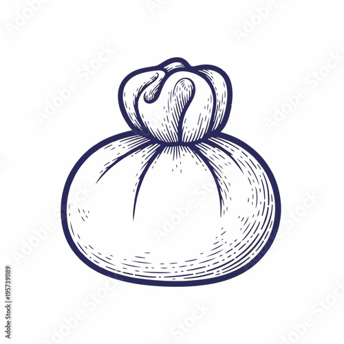 Burrata cheese ball illustration. Vintage engraving style vector graphic. Fresh Italian dairy product isolated on white