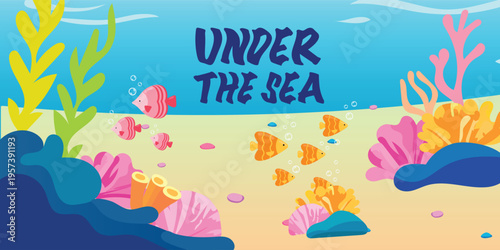 Under the Sea Cartoon Illustration with Fish and Coral