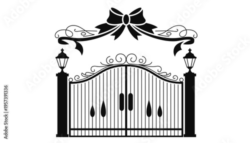 A gate icon with a bow and street lamps in silhouette