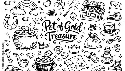A treasure pot of gold illustration with various shiny objects and symbols