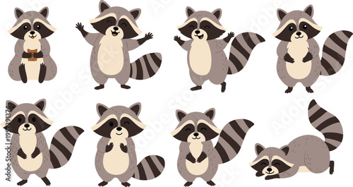 Happy Raccoon Character Set Featuring Cheerful Poses Waving Clapping and Winking for Friendly Mascot Branding Nursery Decor and Child Friendly Web Design Vector Illustration