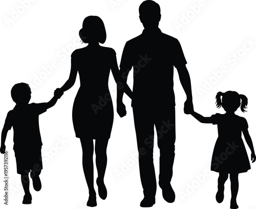 Black silhouette of happy family with father mother son and daughter walking together holding hands for community and parenthood designs