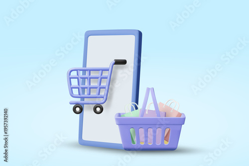 3d vector mobile phone with floating shopping cart and purple basket full of colorful paper bags for online store marketing digital business commerce app and retail delivery on blue background.