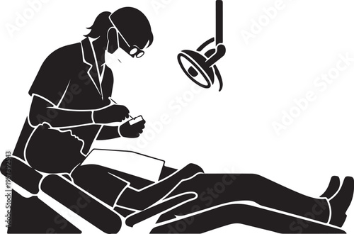 Dentist Treating Patient Vector Silhouette, Dental Care Illustration, Oral Health Checkup Concept, Dentist Clinic Treatment Icon